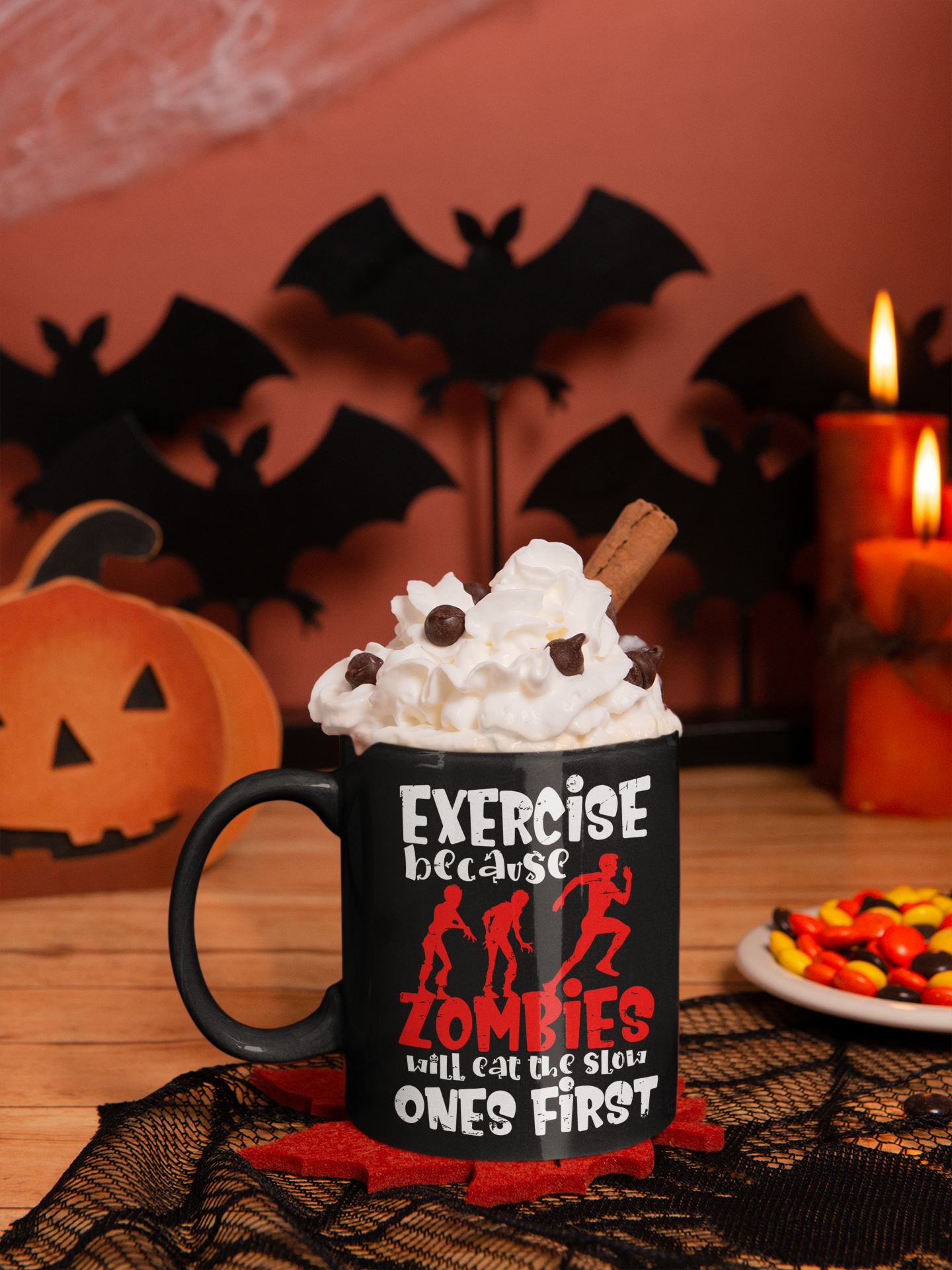 Exercise Because Zombies Will Eat The Slow Ones First - Halloween Coffee Mug - White and Red on Black (11oz, 15oz)